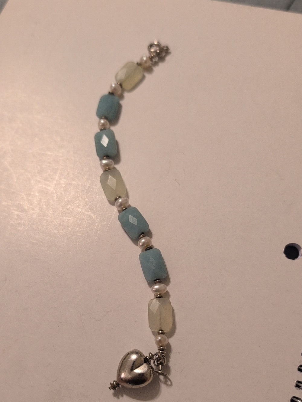 Handmade Sterling Silver Blue and White Stone Bracelet with Silver Heart  8 Inch